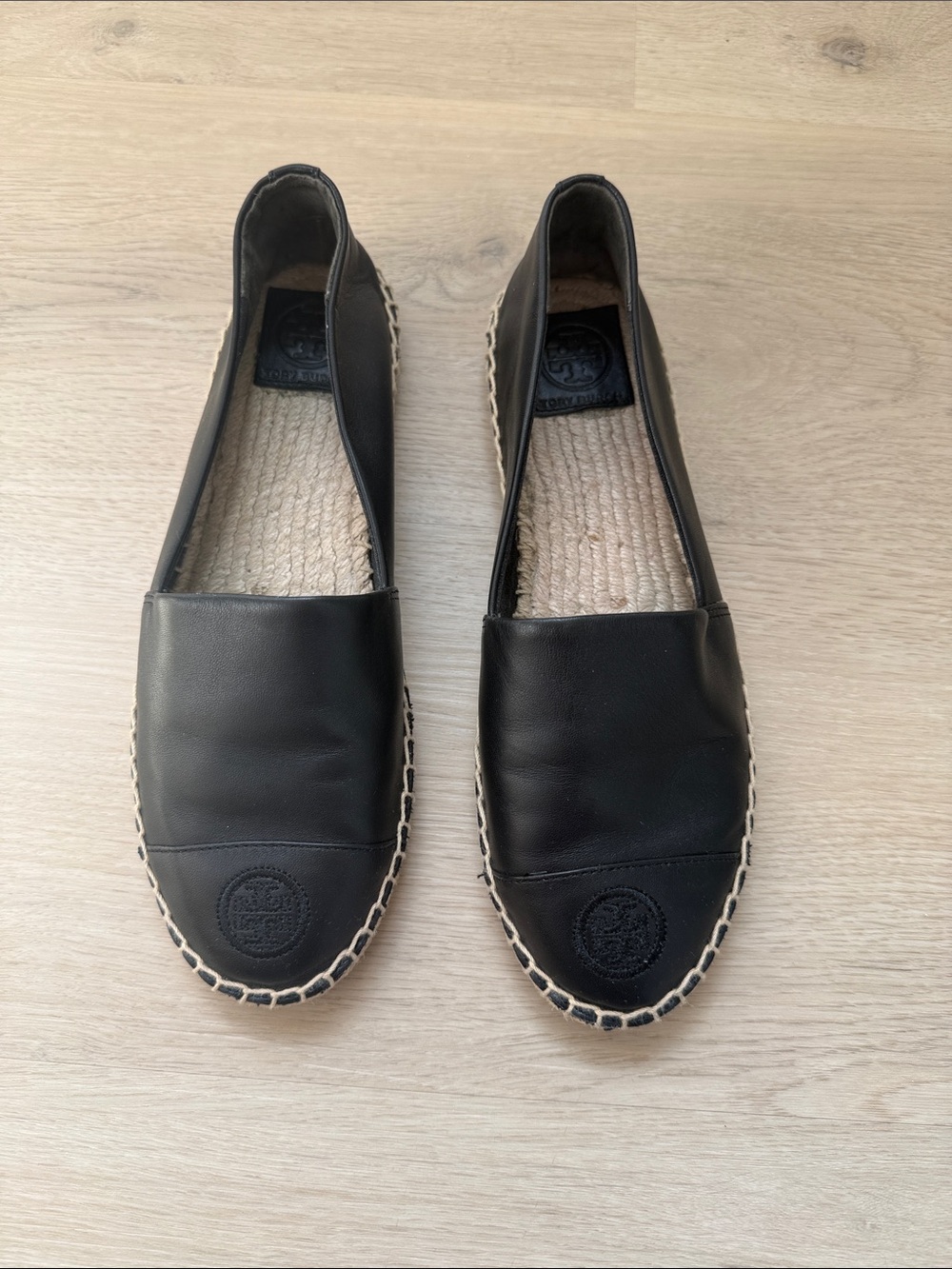 Tory Burch Black Leather Espadrille Slip-Ons with Jute Trim